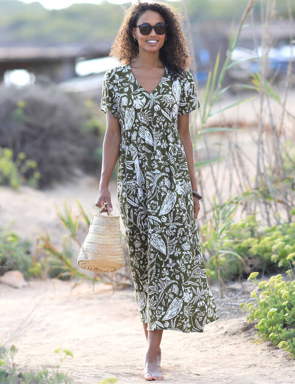 Robe longue imprimée col V, crépon (kaki / blanc) Robe longue imprimée col V, crépon (kaki / blanc)